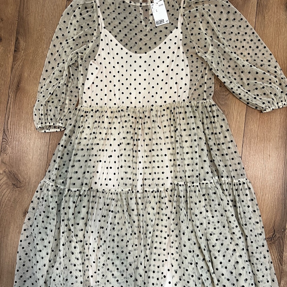 H&M White Cream Tiered Sundress with Long Bishop Sleeves